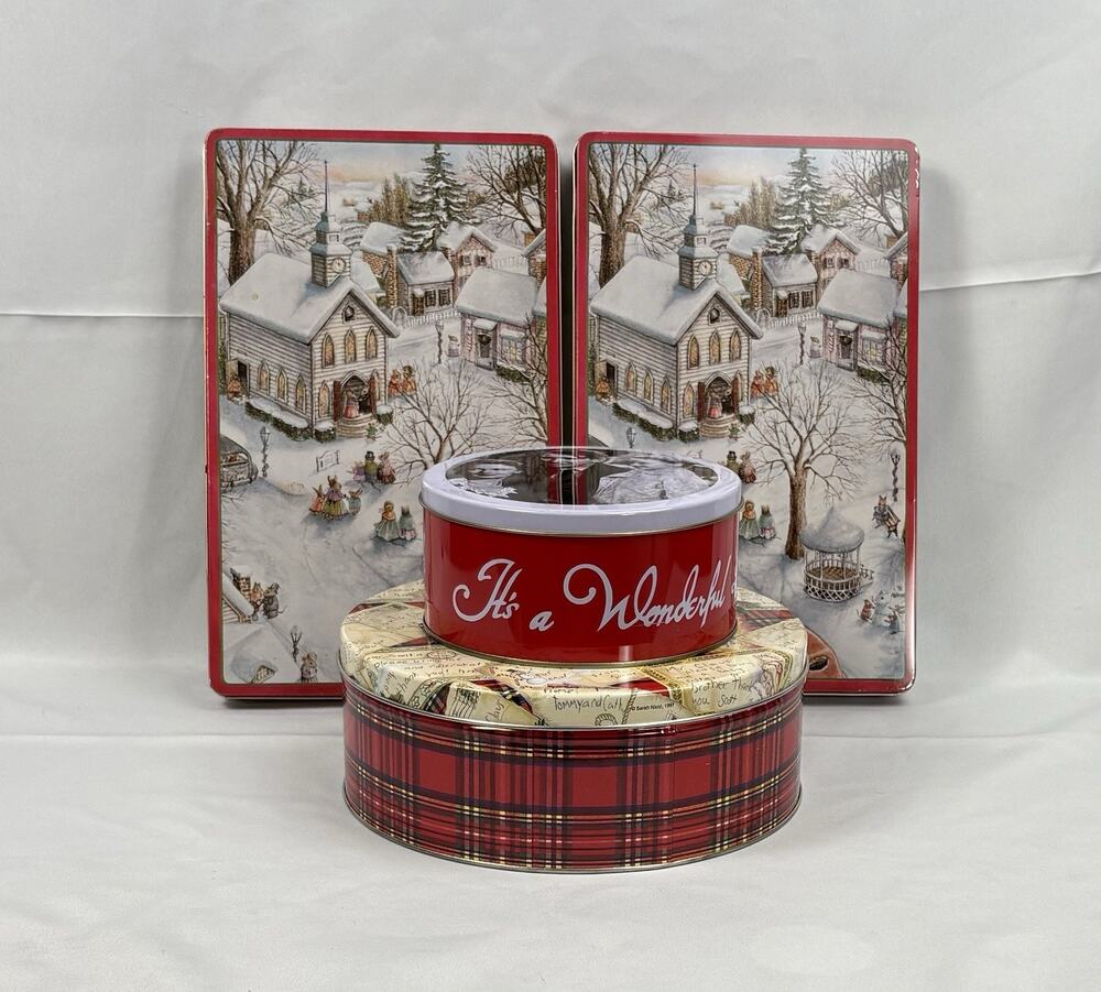 Christmas Metal Tin Containers Round Rectangle Food Cookie Tins / 4